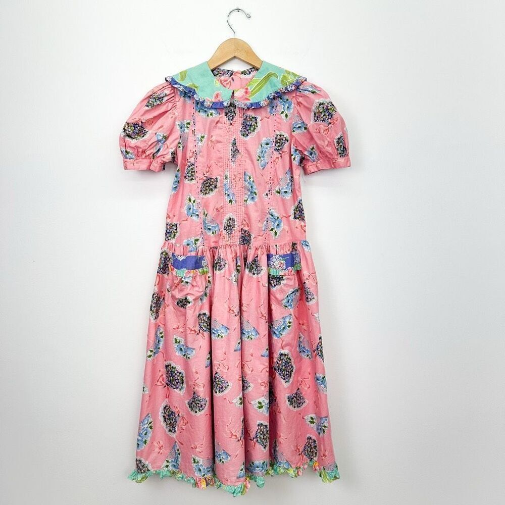 Mousefeathers Vintage Girls Pink Blue Hydrangea Multi Floral Peter Pan Collar Ma